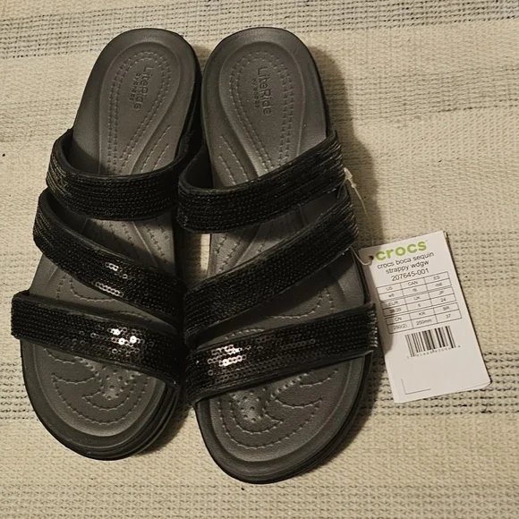 Crocs Women's Boca Sequins Strappy Wedge Sandals, Black Size 8. Brand New - Picture 5 of 10